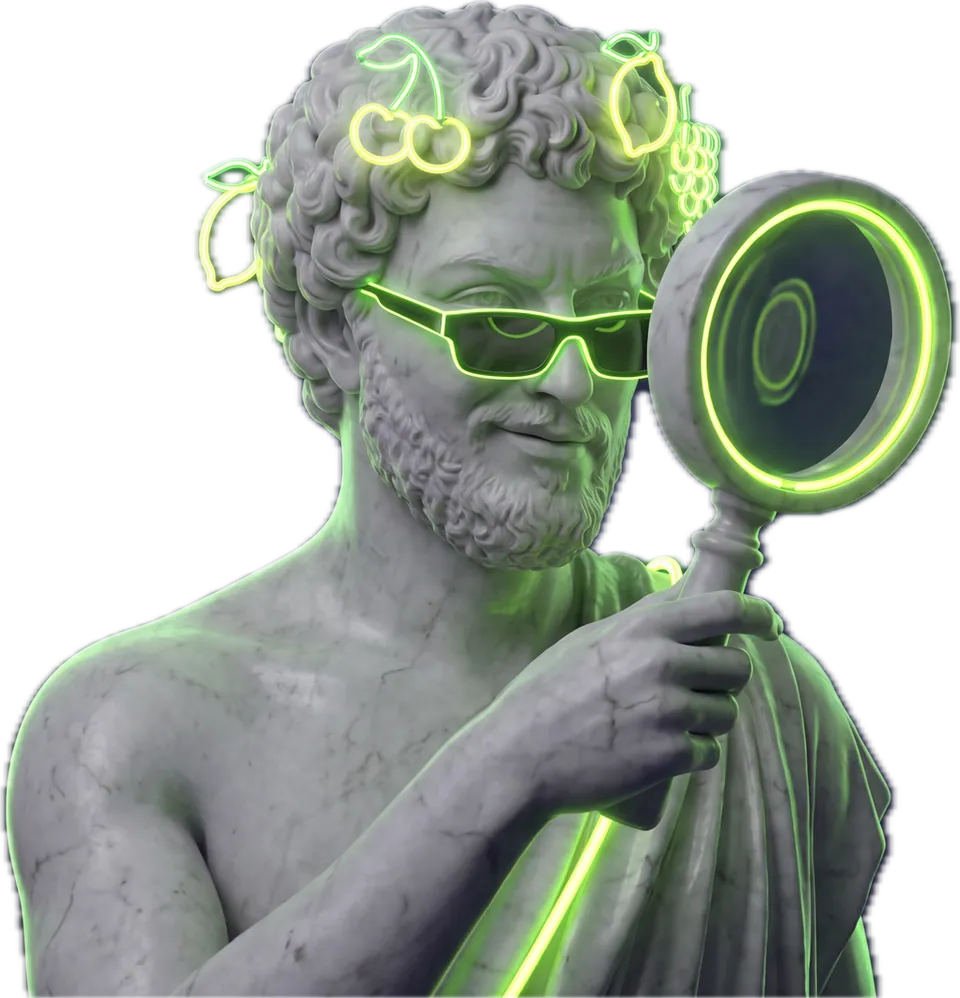 The mascot examining something closely through a magnifying glass