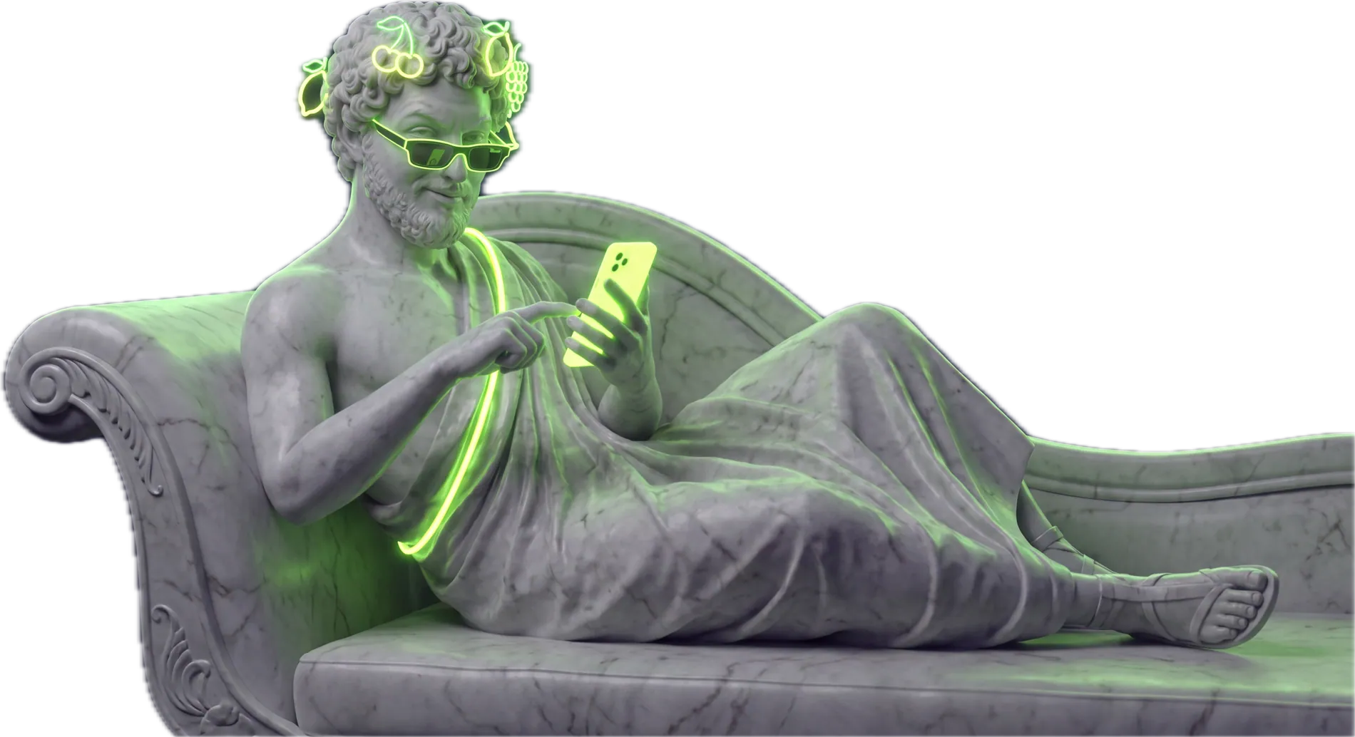 The mascot reclining on a chaise longue, looking at a phone