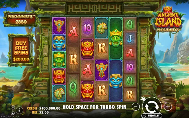 Ancient Island Megaways – base game with the reels and symbols, themed around Aztecs