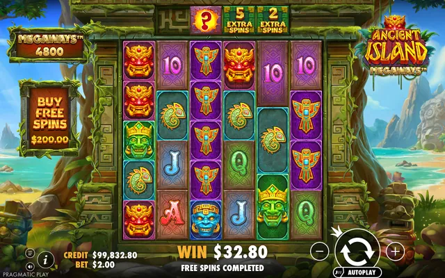 Ancient Island Megaways – base game with the reels and symbols, themed around Aztecs (2)