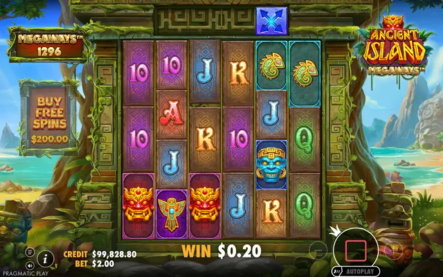 Ancient Island Megaways – base game with the reels and symbols, themed around Aztecs (3)