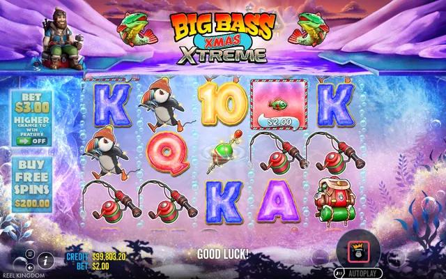 Big Bass Xmas Xtreme – base game with the reels and symbols, themed around Christmas (2)
