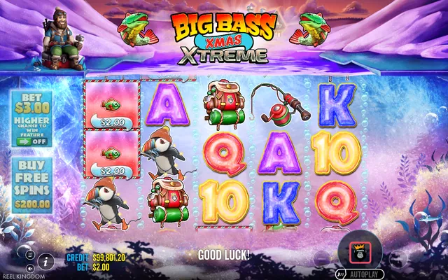 Big Bass Xmas Xtreme – base game with the reels and symbols, themed around Christmas (3)