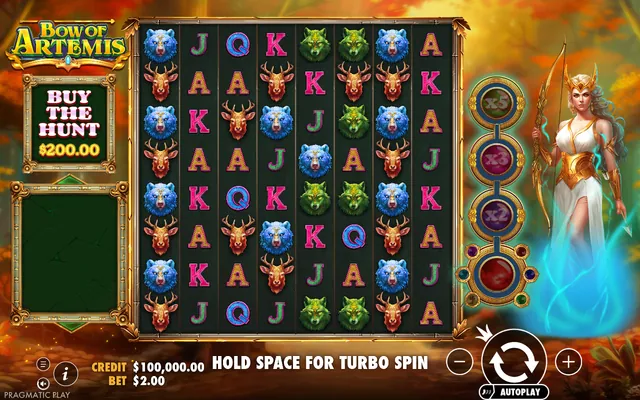 Bow of Artemis – base game with the reels and symbols, themed around ancient Greece