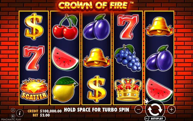 Crown of Fire – base game with the reels and symbols, themed around classic fruit machines