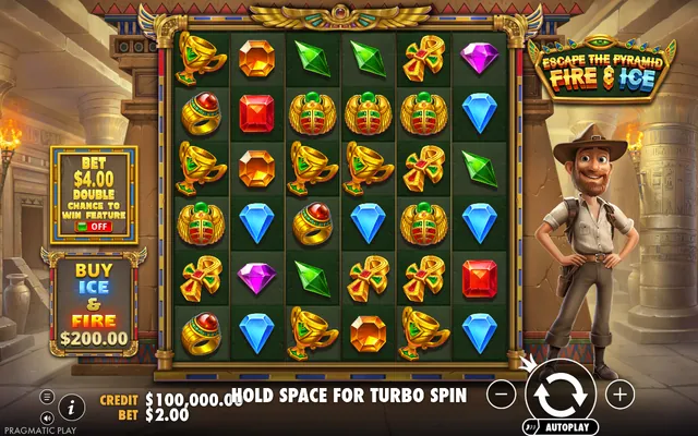 Escape the Pyramid - Fire & Ice – base game with the reels and symbols, themed around adventure