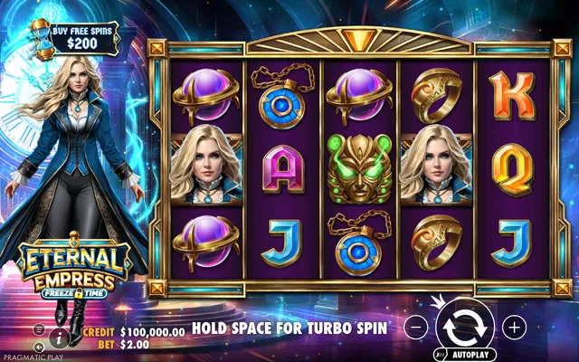 Eternal Empress - Freeze Time – base game with the reels and symbols, themed around fantasy