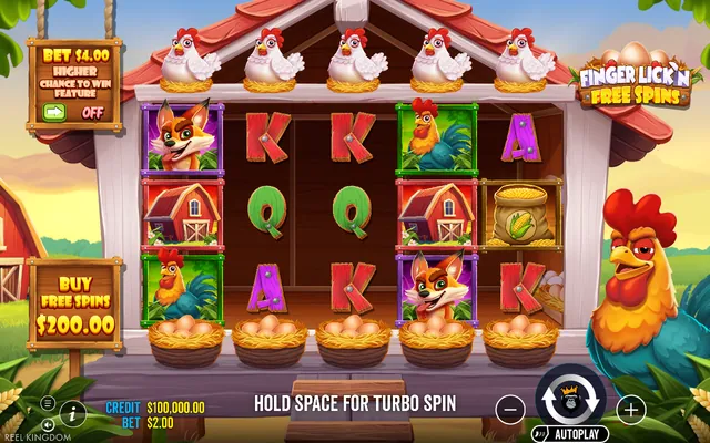 Finger Lick'n Free Spins – κύριο παιχνίδι με τους τροχούς και τα σύμβολα, θέμα: φάρμα