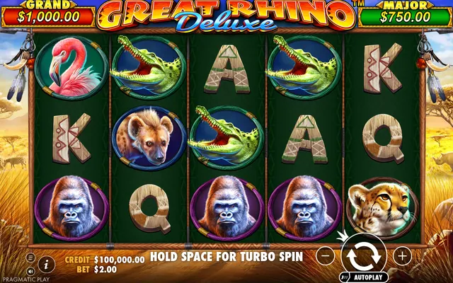 Great Rhino Deluxe – base game with the reels and symbols, themed around animals