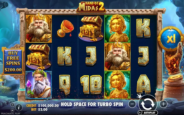 Hand of Midas 2 – κύριο παιχνίδι με τους τροχούς και τα σύμβολα, θέμα: αρχαία Ελλάδα