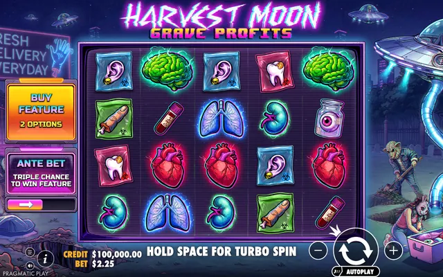 Harvest Moon - Grave Profits – κύριο παιχνίδι με τους τροχούς και τα σύμβολα, θέμα: εξωγήινοι