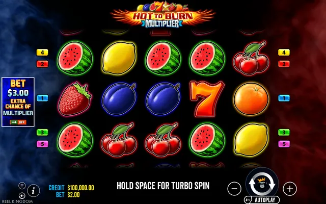 Hot to Burn Multiplier – base game with the reels and symbols, themed around classic fruit machines