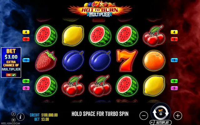 Hot to Burn Multiplier – base game with the reels and symbols, themed around classic fruit machines (2)