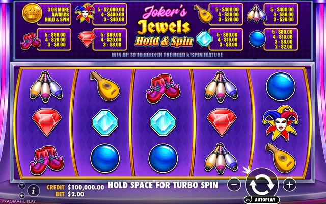 Joker's Jewels Hold & Spin – κύριο παιχνίδι με τους τροχούς και τα σύμβολα, θέμα: πολύτιμοι λίθοι