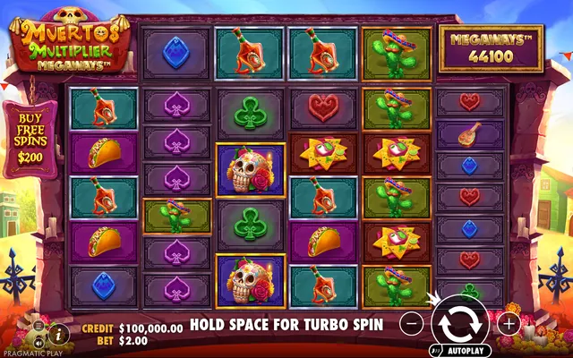 Muertos Multiplier Megaways – base game with the reels and symbols, themed around Day of the Dead