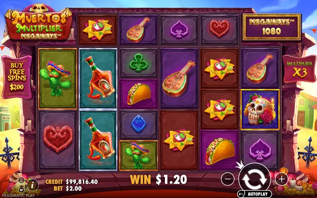 Muertos Multiplier Megaways – base game with the reels and symbols, themed around Day of the Dead (2)
