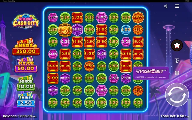Neon Cash City – base game with the reels and symbols, themed around money