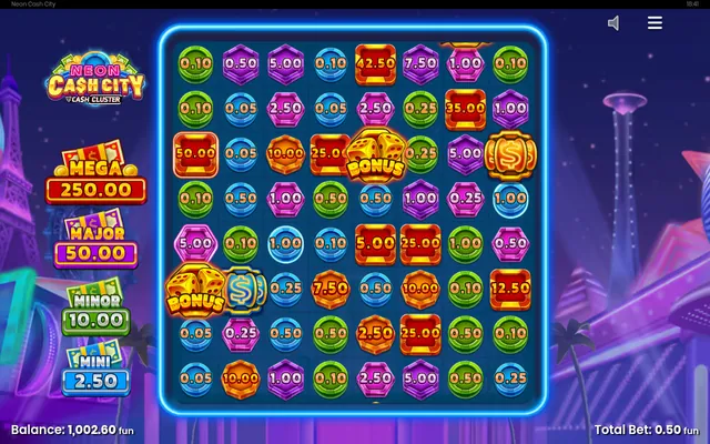 Neon Cash City – base game with the reels and symbols, themed around money (2)