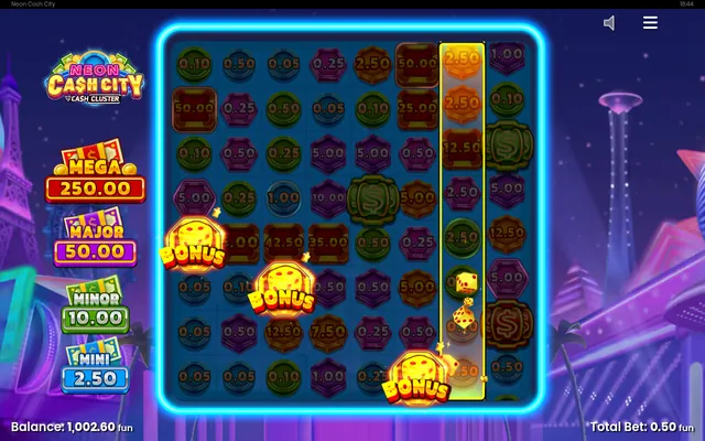 Neon Cash City – base game with the reels and symbols, themed around money (3)
