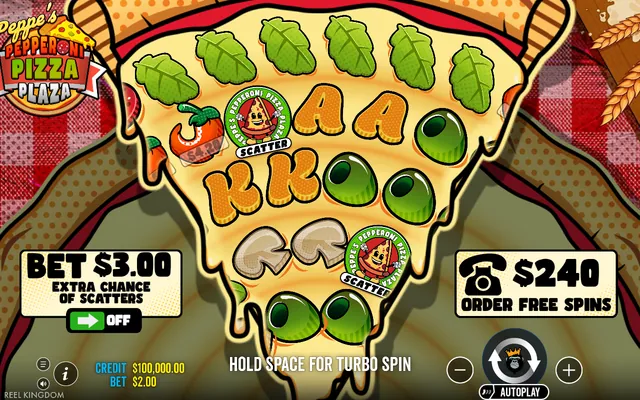 Peppe's Pepperoni Pizza Plaza – base game with the reels and symbols, themed around food