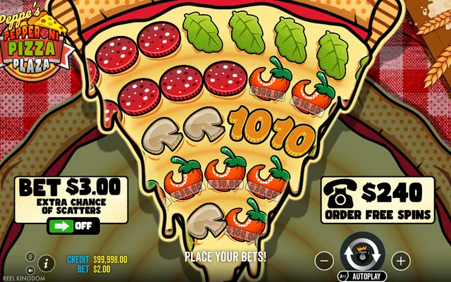 Peppe's Pepperoni Pizza Plaza – base game with the reels and symbols, themed around food (2)
