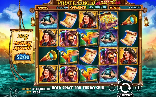 Pirate Gold Deluxe – base game with the reels and symbols, themed around pirates