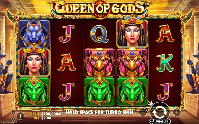 Queen of Gods – κύριο παιχνίδι με τους τροχούς και τα σύμβολα, θέμα: αρχαία Αίγυπτος