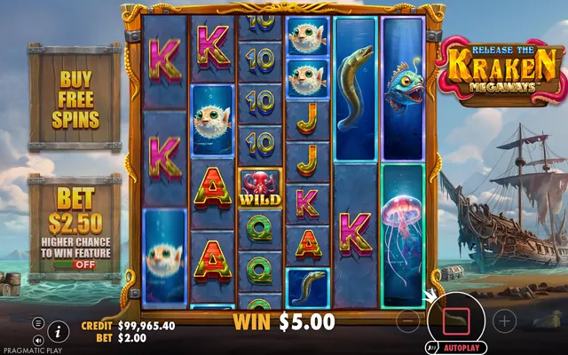 Release the Kraken Megaways – base game with the reels and symbols, themed around monsters (2)