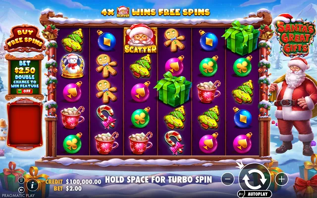 Santa's Great Gifts – base game with the reels and symbols, themed around Christmas